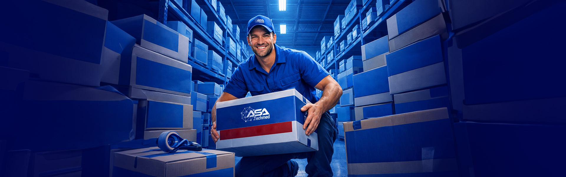 Warehouse worker holding a box with ASA Techmed logo, representing wholesale medical supplies and bulk equipment distribution.