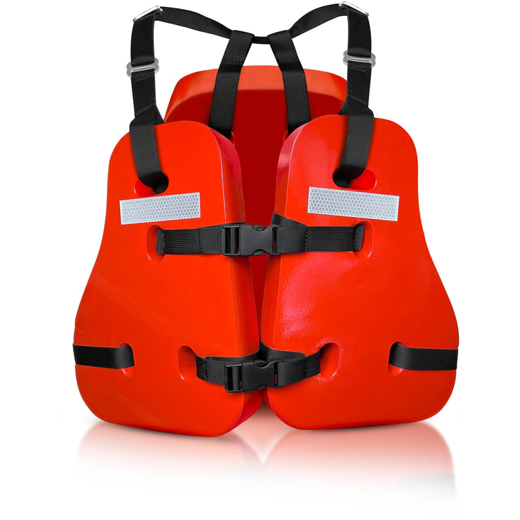 A studio product shot of an orange life jacket with black straps, buckles, and white reflective patches on a white reflective surface.