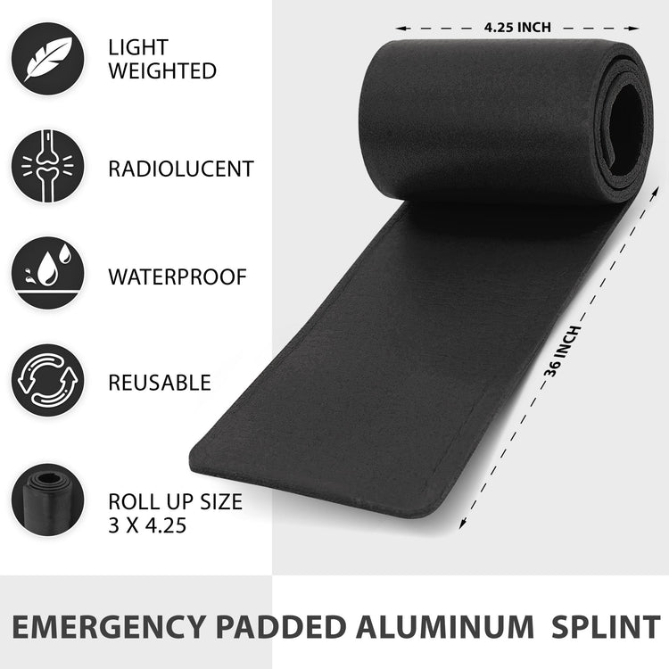 A rolled-up black emergency splint unrolled to show its length and width dimensions (4.25 inches wide, 36 inches long). A list of features is provided next to the splint: LIGHT WEIGHTED, RADIOLUCENT, WATERPROOF, REUSABLE, and ROLL UP SIZE 3 \times 4.25. Text below reads: EMERGENCY PADDED ALUMINUM SPLINT.