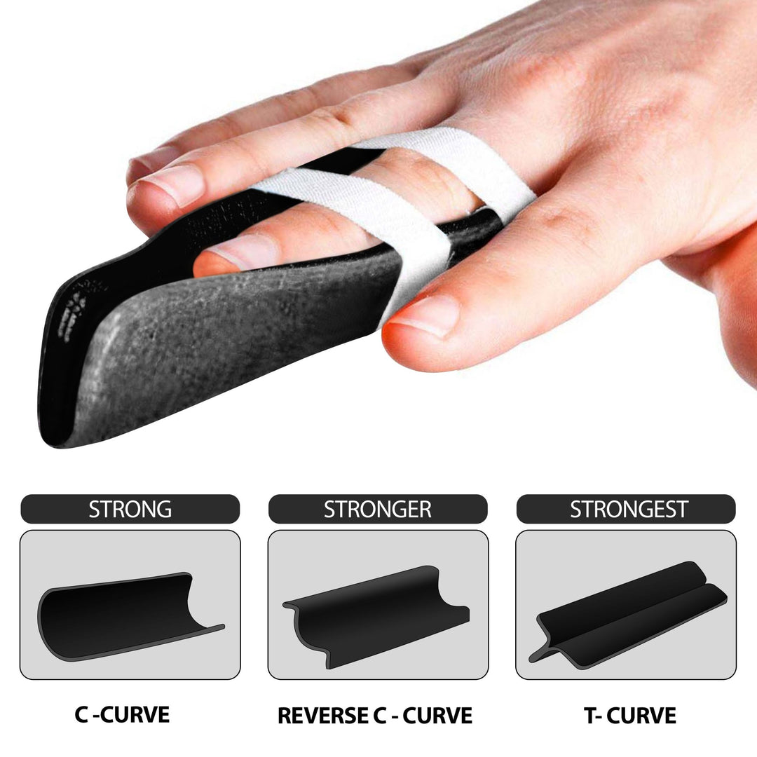 A close-up image showing a finger splint made from the black material, secured with white tape. Below the main image are three diagrams illustrating the different strength levels achieved by bending the material into different cross-sectional shapes: C-CURVE (Strong), REVERSE C - CURVE (Stronger), and T- CURVE (Strongest).