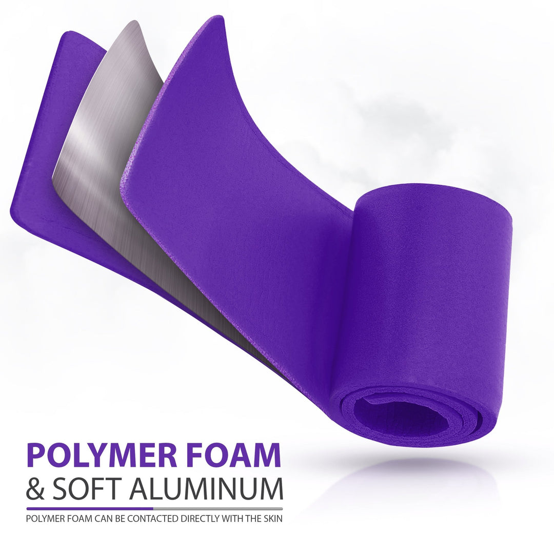 A close-up, cross-section view illustrating the material layers of the splint: two outer layers of POLYMER FOAM (purple) and an inner layer of SOFT ALUMINUM (silver). Text below reads: POLYMER FOAM & SOFT ALUMINUM and "POLYMER FOAM CAN BE CONTACTED DIRECTLY WITH THE SKIN".