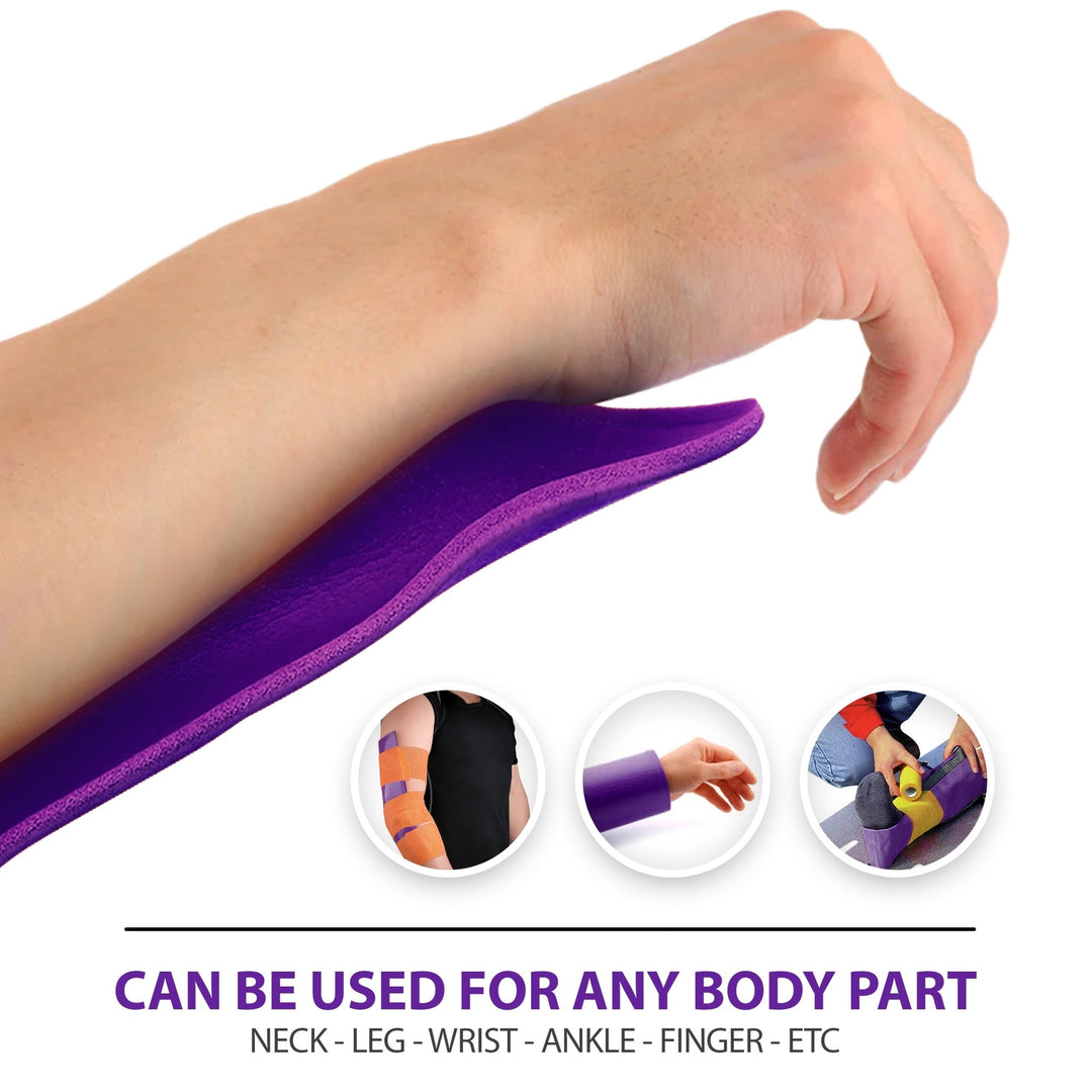 A hand bending a strip of the purple splint material. Below are three small circular inset photos showing the splint applied to an elbow, a wrist, and an ankle/foot. Text below reads: CAN BE USED FOR ANY BODY PART and lists: NECK - LEG - WRIST - ANKLE - FINGER - ETC.