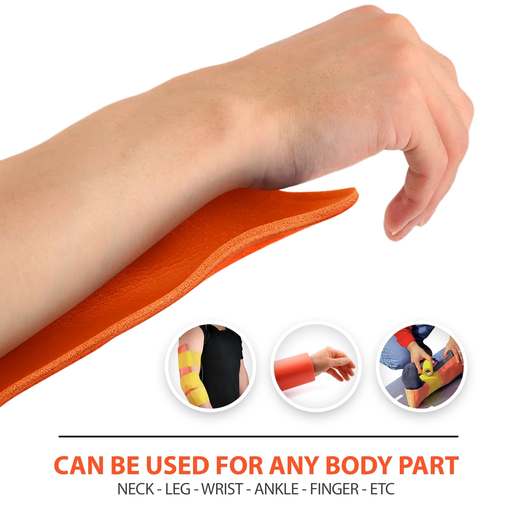 A hand bending a strip of the orange splint material. Below are three small circular inset photos showing the splint applied to an elbow, a wrist, and an ankle/foot. Text below reads: CAN BE USED FOR ANY BODY PART and lists: NECK - LEG - WRIST - ANKLE - FINGER - ETC.
