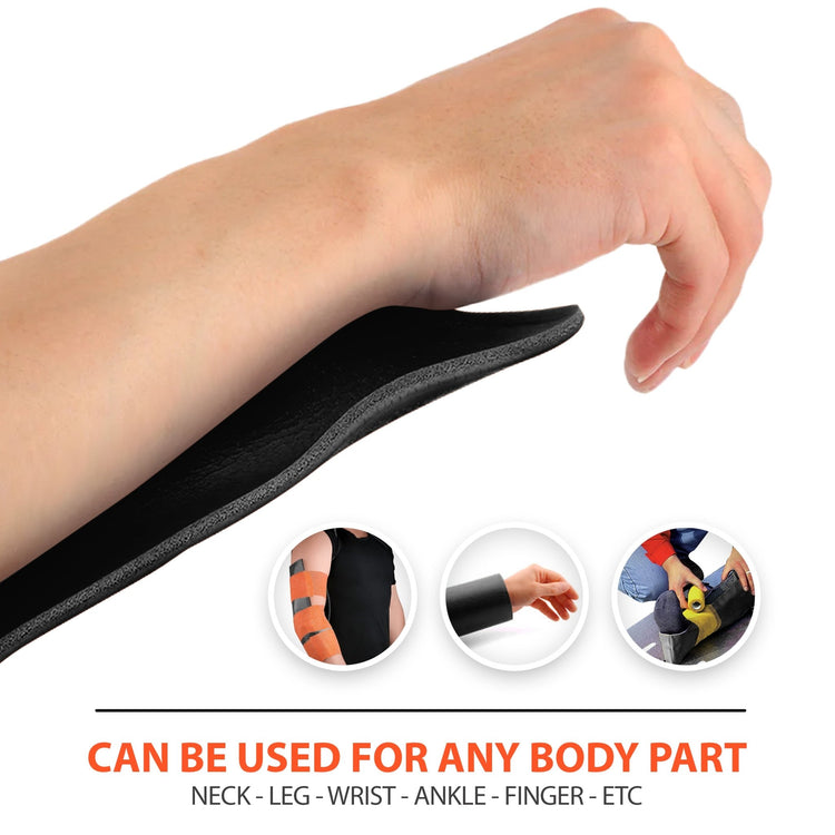 A hand bending a strip of the black splint material. Below are three small circular inset photos showing the splint applied to an elbow, a wrist, and an ankle/foot. Text below reads: CAN BE USED FOR ANY BODY PART and lists: NECK - LEG - WRIST - ANKLE - FINGER - ETC.
