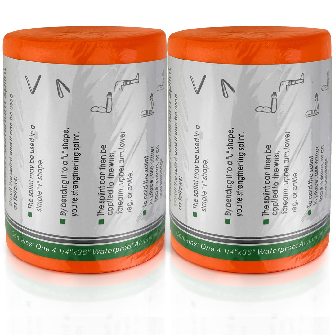 Close-up of 2 rolled-up orange emergency splints with a white label detailing instructions on how to unroll, bend it into a V or U shape for strengthening, apply it to the wrist, forearm, upper arm, lower leg, or ankle, and secure it with tape, velcro, or a bandage. The label also specifies the contents: One $4\;1/4'' \times 36''$ Waterproof Aluminum Splint.