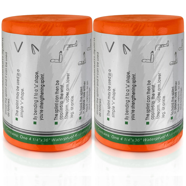 Close-up of 2 rolled-up orange emergency splints with a white label detailing instructions on how to unroll, bend it into a V or U shape for strengthening, apply it to the wrist, forearm, upper arm, lower leg, or ankle, and secure it with tape, velcro, or a bandage. The label also specifies the contents: One $4\;1/4'' \times 36''$ Waterproof Aluminum Splint.
