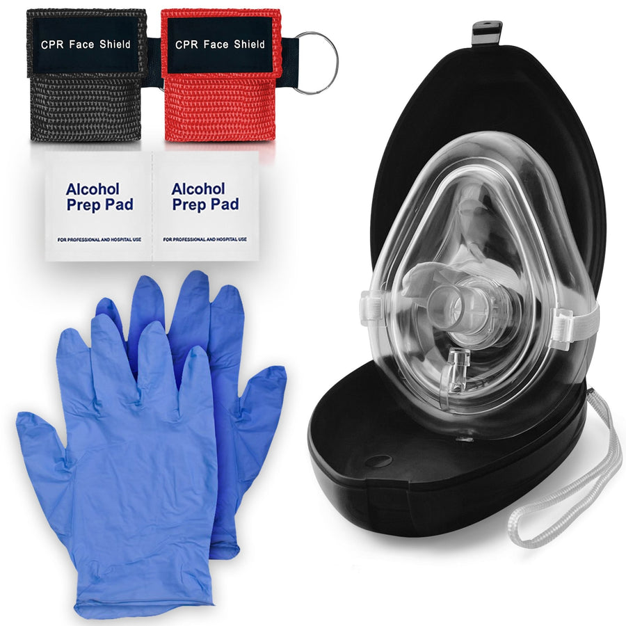 A complete CPR rescue kit display. The set includes a clear CPR pocket mask inside a black hard-shell case, two pairs of blue medical-grade gloves, two antiseptic towelette packets, and two compact keychain pouches (one red, one black) labeled "CPR Face Shield."