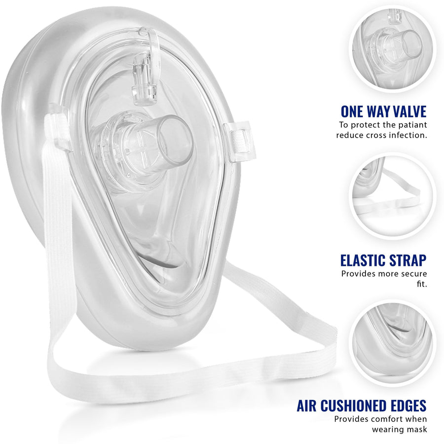 Close-up of the clear CPR pocket mask highlighting three key features: a "One Way Valve" to protect the patient and reduce cross-infection, an "Elastic Strap" for a secure fit, and "Air Cushioned Edges" for comfort while wearing the mask.