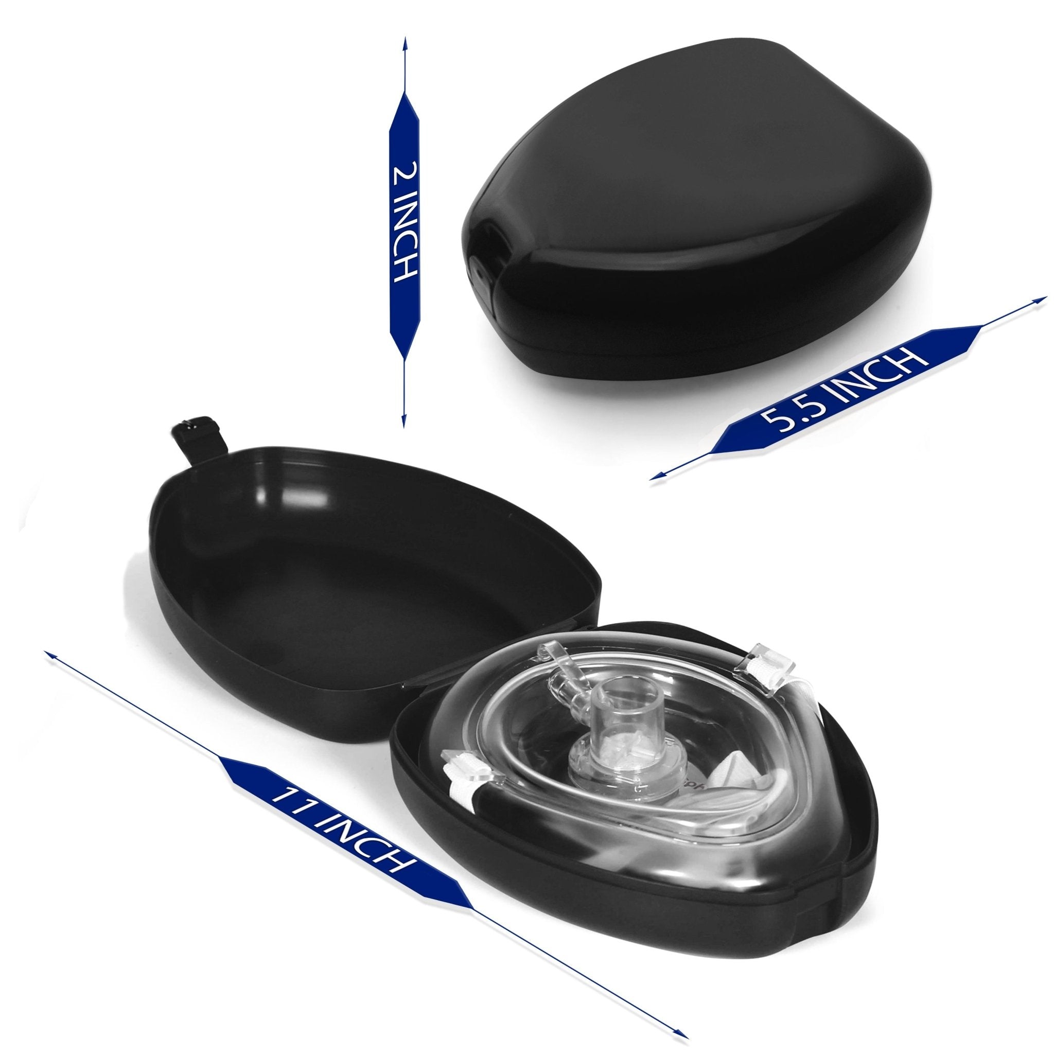 Dimensional diagram of the black hard-shell CPR mask case. The closed case measures 5.5 inches wide by 2 inches high. The bottom image shows the case open with the mask inside, measuring 11 inches in total length.