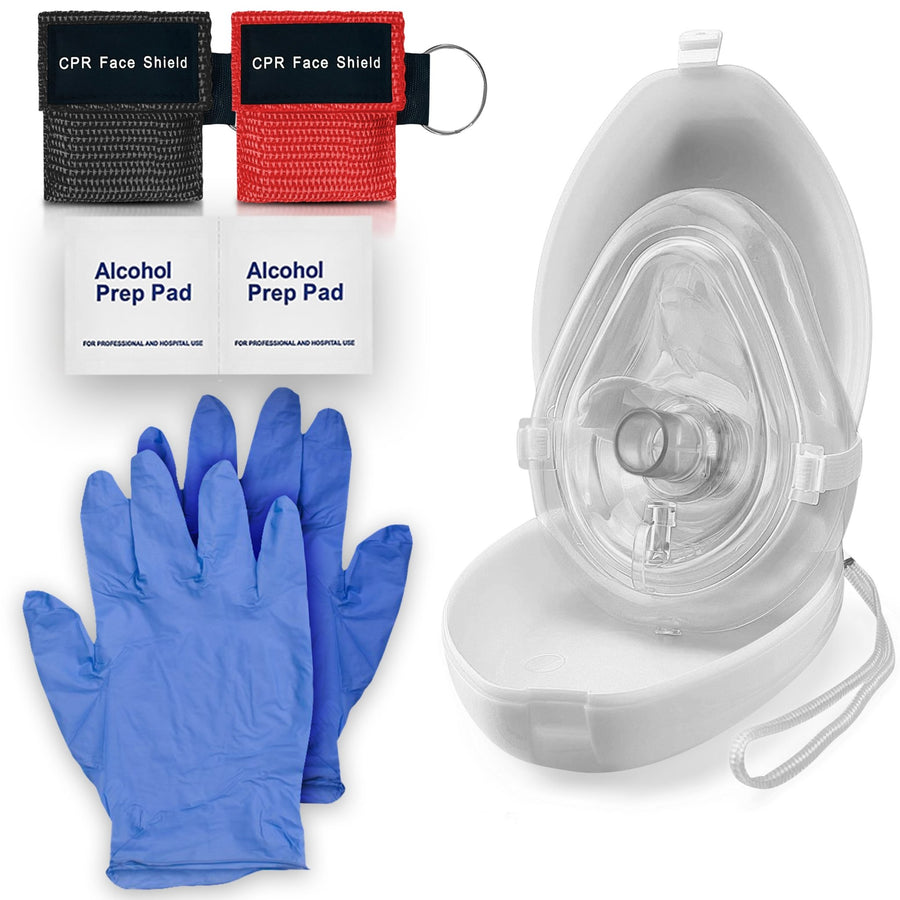 A complete CPR rescue kit display. The set includes a clear CPR pocket mask inside a white hard-shell case, two pairs of blue medical-grade gloves, two antiseptic towelette packets, and two compact keychain pouches (one red, one black) labeled "CPR Face Shield."