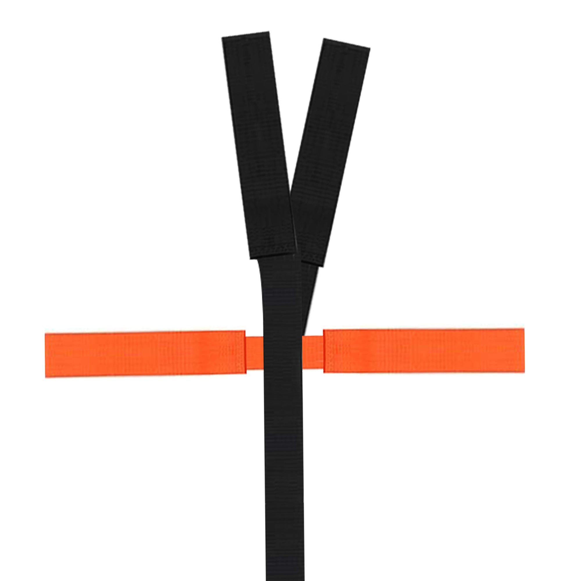 A detailed shot of the upper section of the strap system, displaying the V-shaped black shoulder straps and a horizontal orange chest strap crossing over the central black webbing.