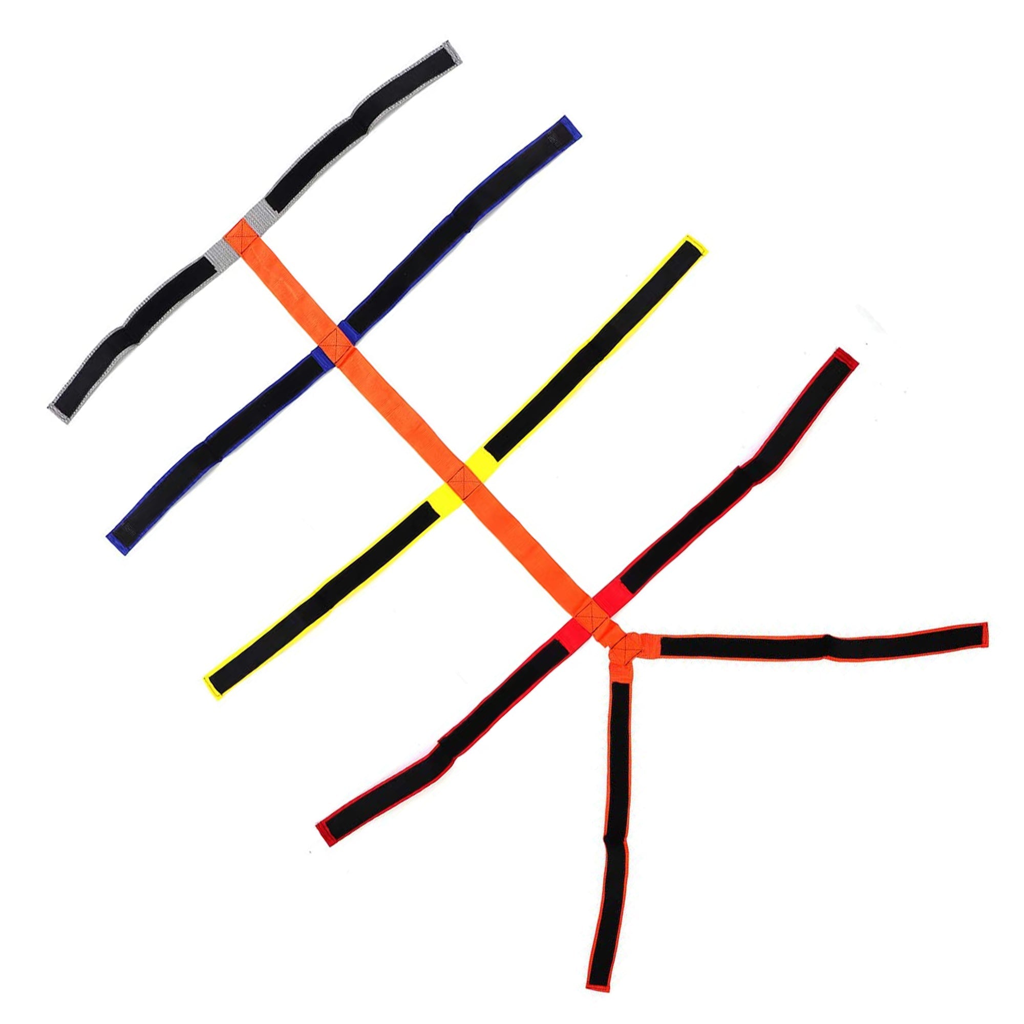 A top-down view of a reflective spider strap system laid out flat on a white background. This variation features a central orange spine with cross-straps in grey with reflective tape, blue, yellow, and red.