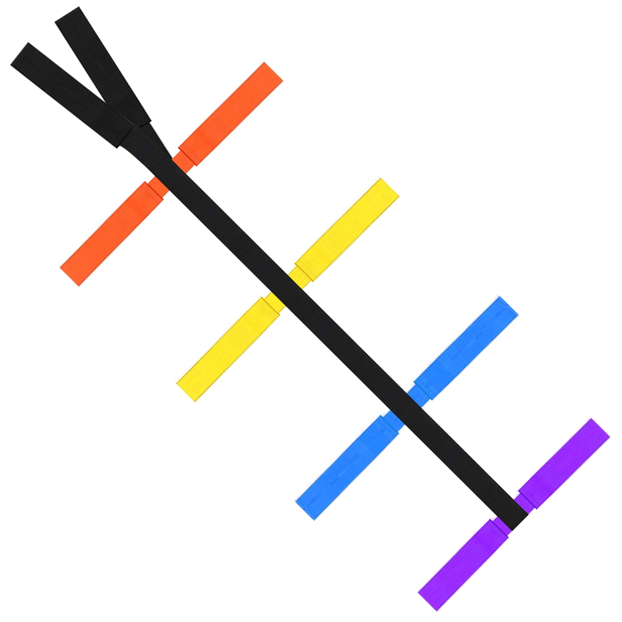 A full view of a standard color-coded spider strap system laid out on a white background. It features a black central strap with intersecting straps in orange, yellow, blue, and purple to facilitate quick application during emergencies.
