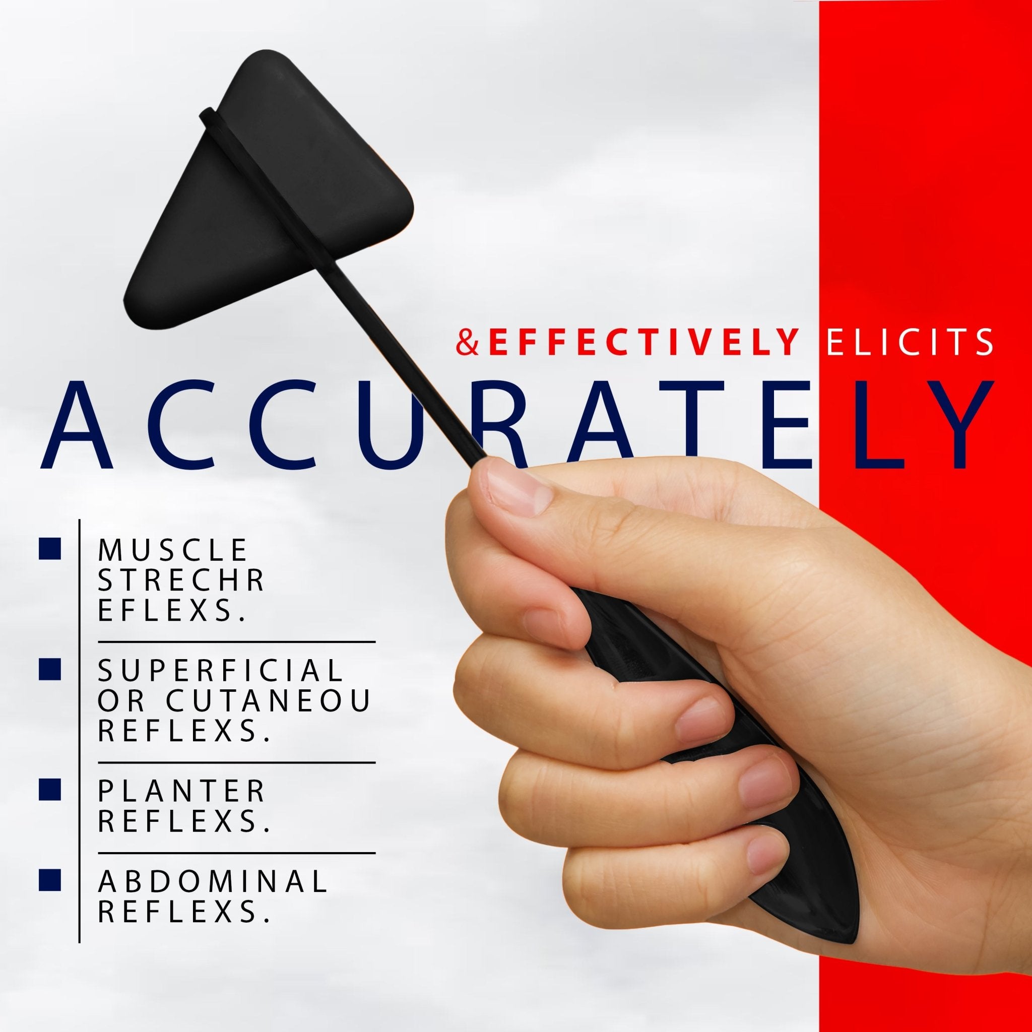 A hand holds a black Taylor percussion hammer against a white and red background. Large text reads "Accurately & Effectively Elicits," followed by a bulleted list of uses: "Muscle stretch reflexes, superficial or cutaneous reflexes, plantar reflexes, abdominal reflexes."