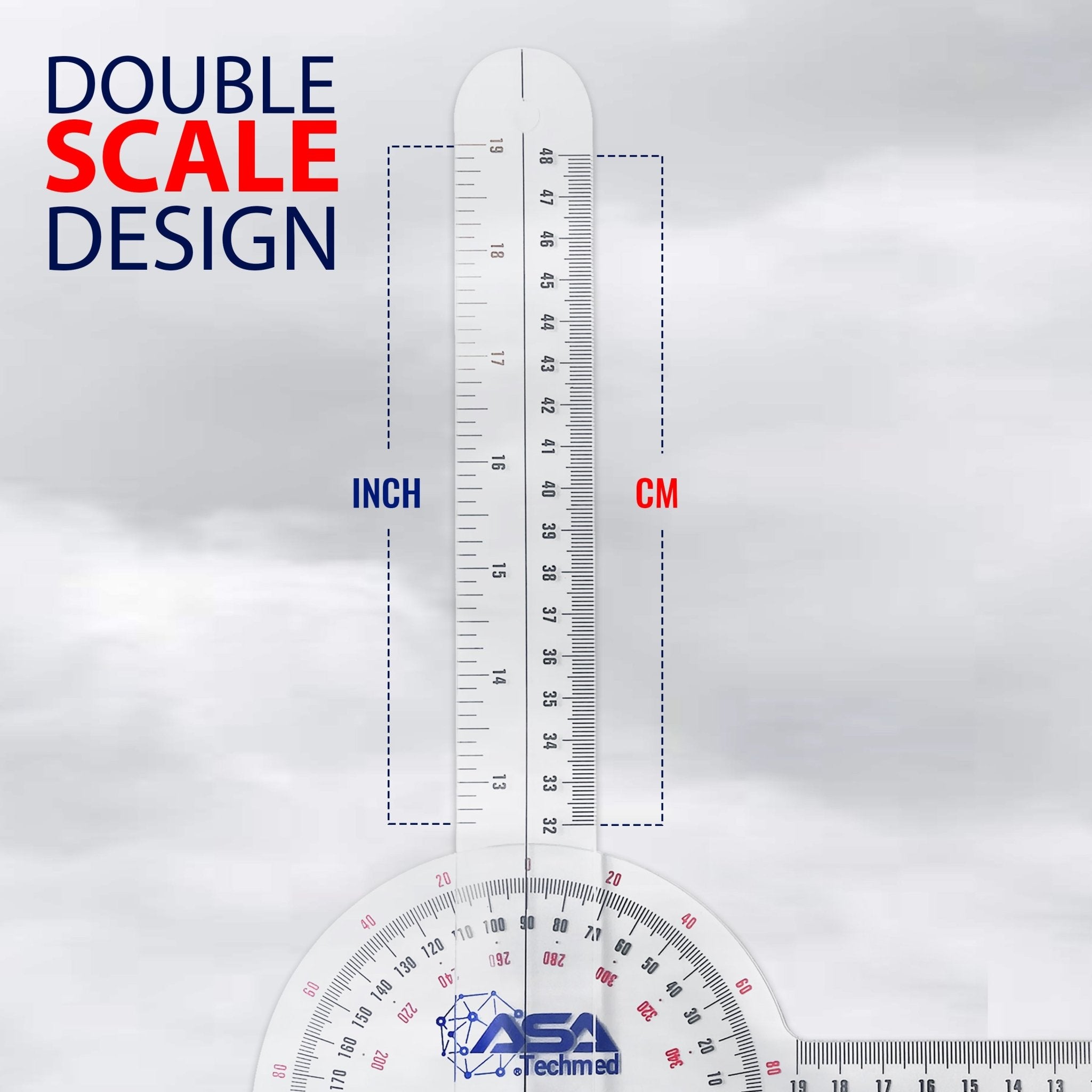 A close-up detail shot of a transparent plastic goniometer ruler. Large text on the left reads "Double Scale Design." The image highlights the ruler markings with labels indicating the parallel "Inch" and "CM" measurements running along the arm of the tool.