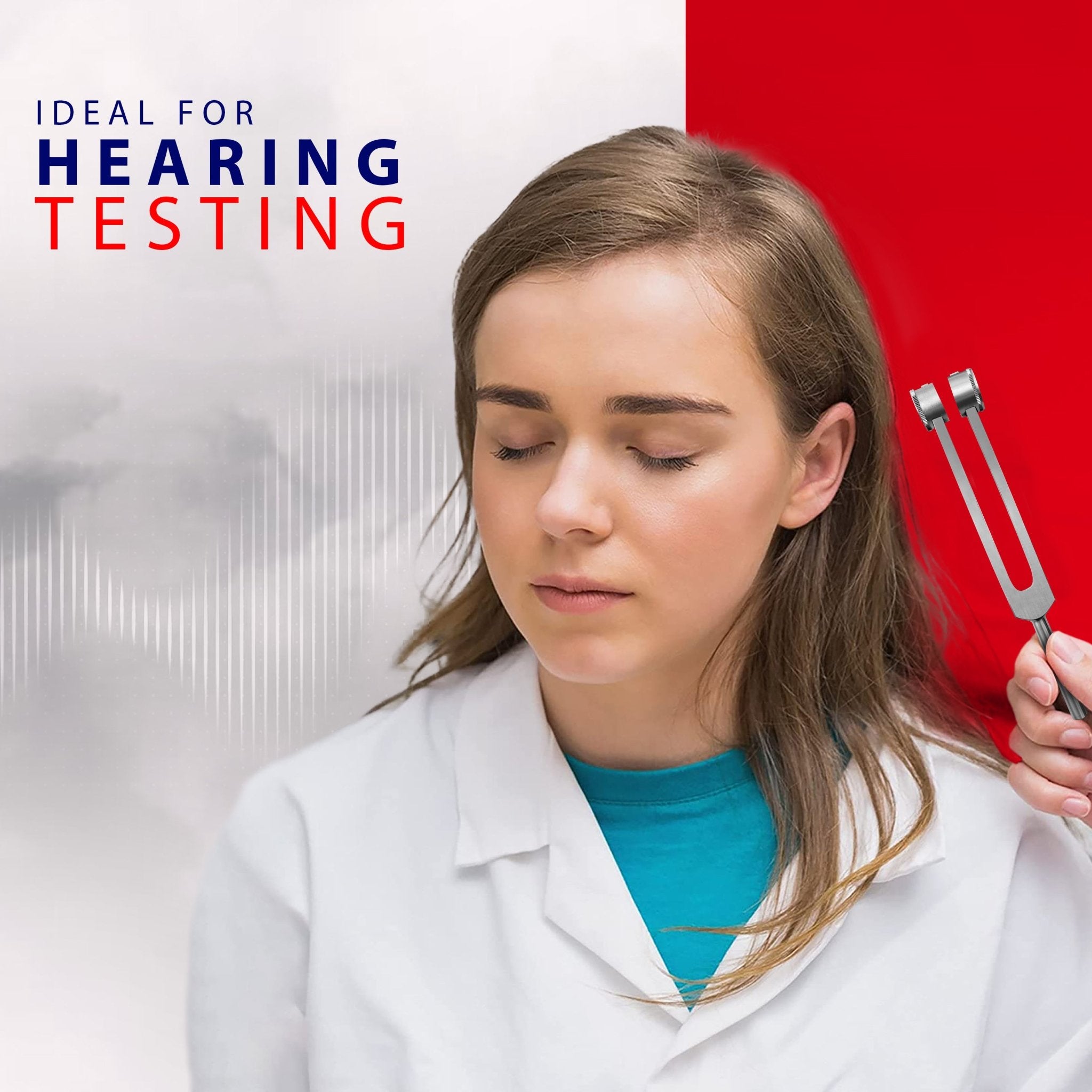 A photo showing a hearing test in progress. A medical professional holds a tuning fork near the ear of a female patient who has her eyes closed. To the left, text reads "Ideal for Hearing Testing" over a graphic of white sound waves.