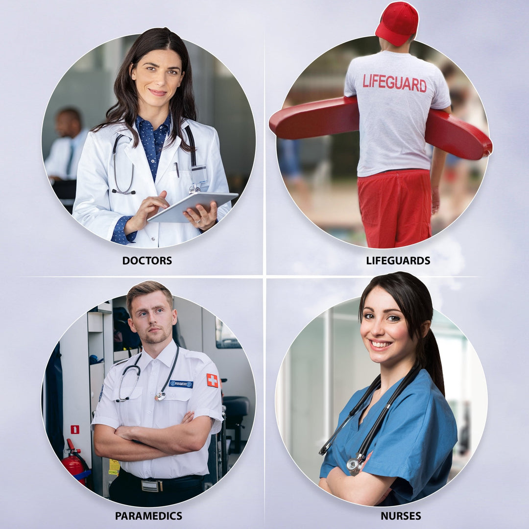 Marketing infographic titled 'It Can Be Used By' displaying four key professionals: Doctors, Lifeguards (holding a rescue tube), Paramedics, and Nurses.