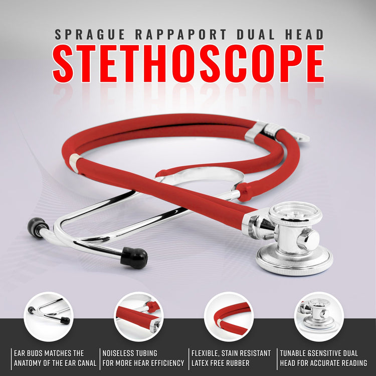Studio shot of a red Sprague Rappaport dual-head stethoscope with noiseless tubing, chrome-plated chest piece, and comfortable earbuds.
