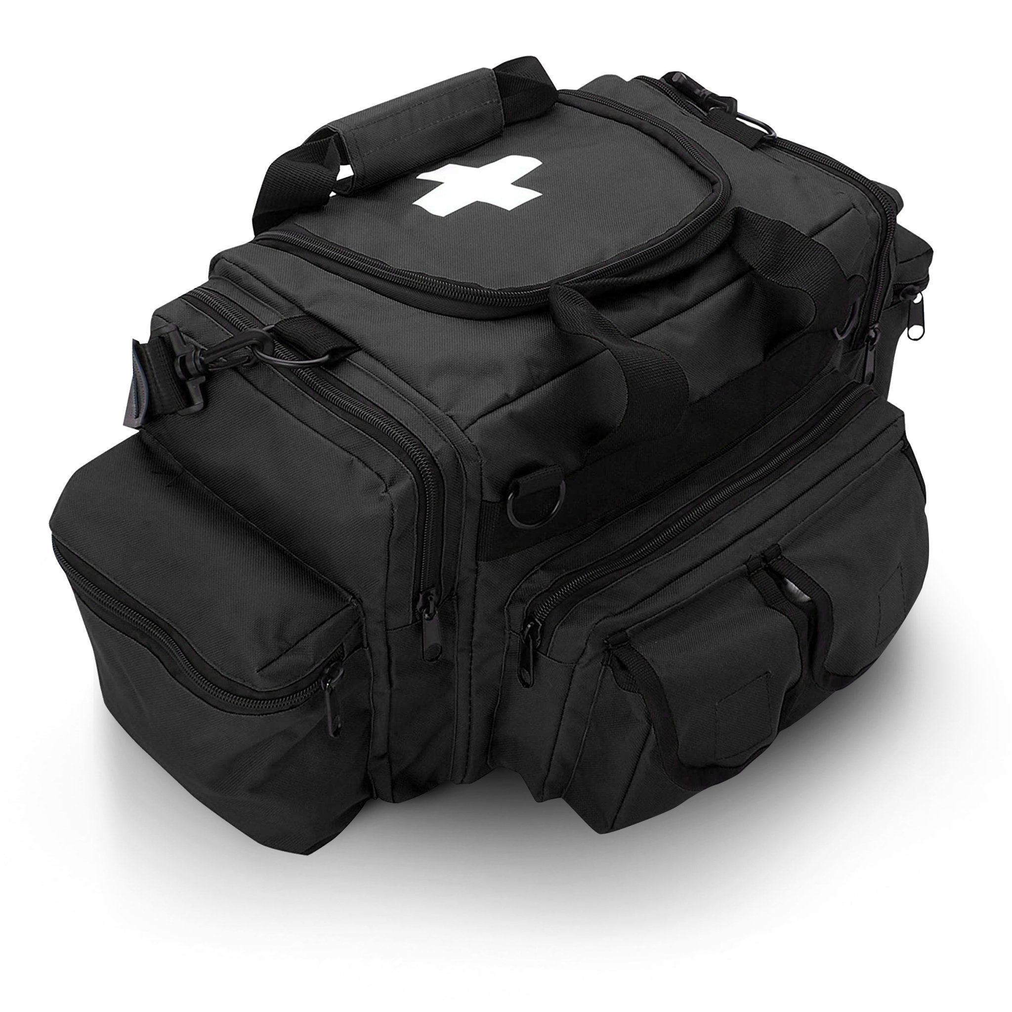 An angled studio view of the black medical bag, showcasing the depth of the side pocket and the arrangement of the front storage pouches.