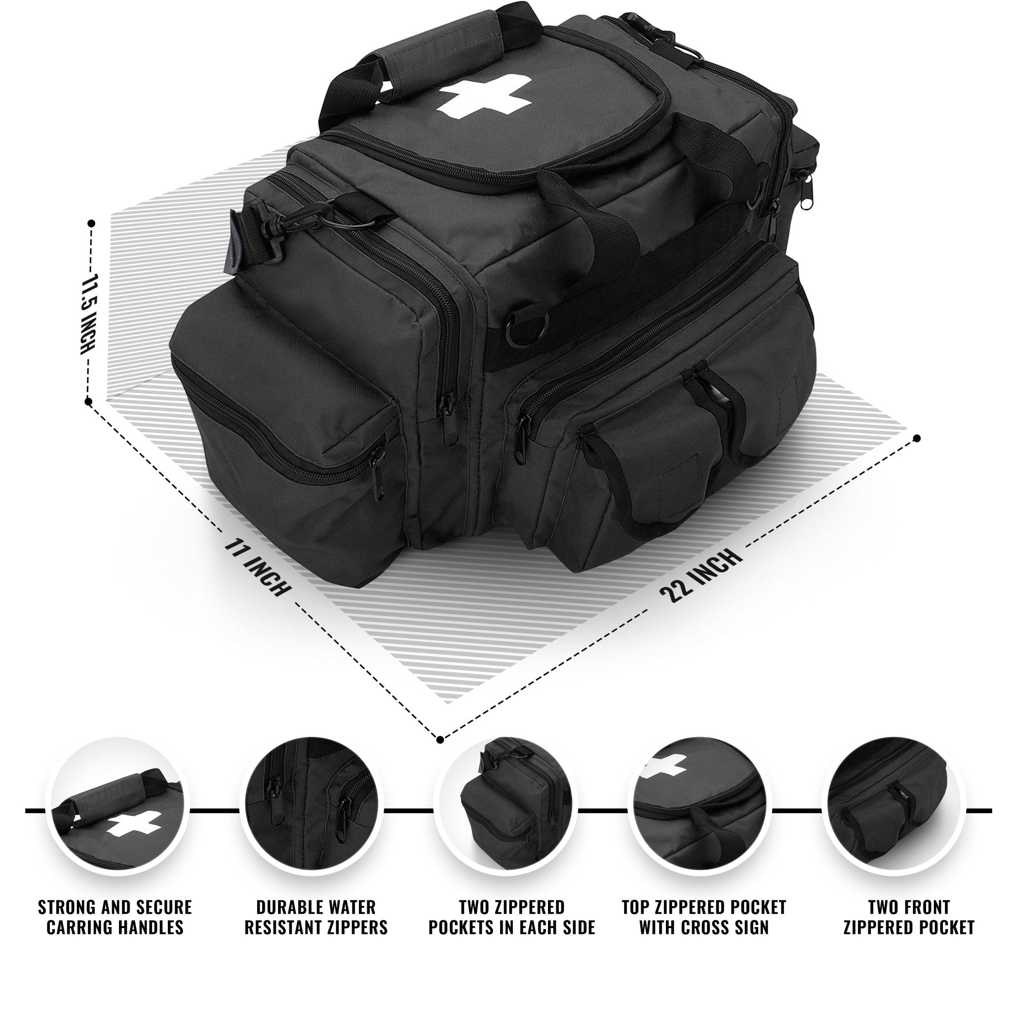 An infographic detailing the dimensions and features of the black medical bag. Dimensions are listed as 22 inches long, 11 inches wide, and 11.5 inches high. Five circular close-ups at the bottom highlight specific features with the following text: "STRONG AND SECURE CARRYING HANDLES," "DURABLE WATER RESISTANT ZIPPERS," "TWO ZIPPERED POCKETS IN EACH SIDE," "TOP ZIPPERED POCKET WITH CROSS SIGN," and "TWO FRONT ZIPPERED POCKET."