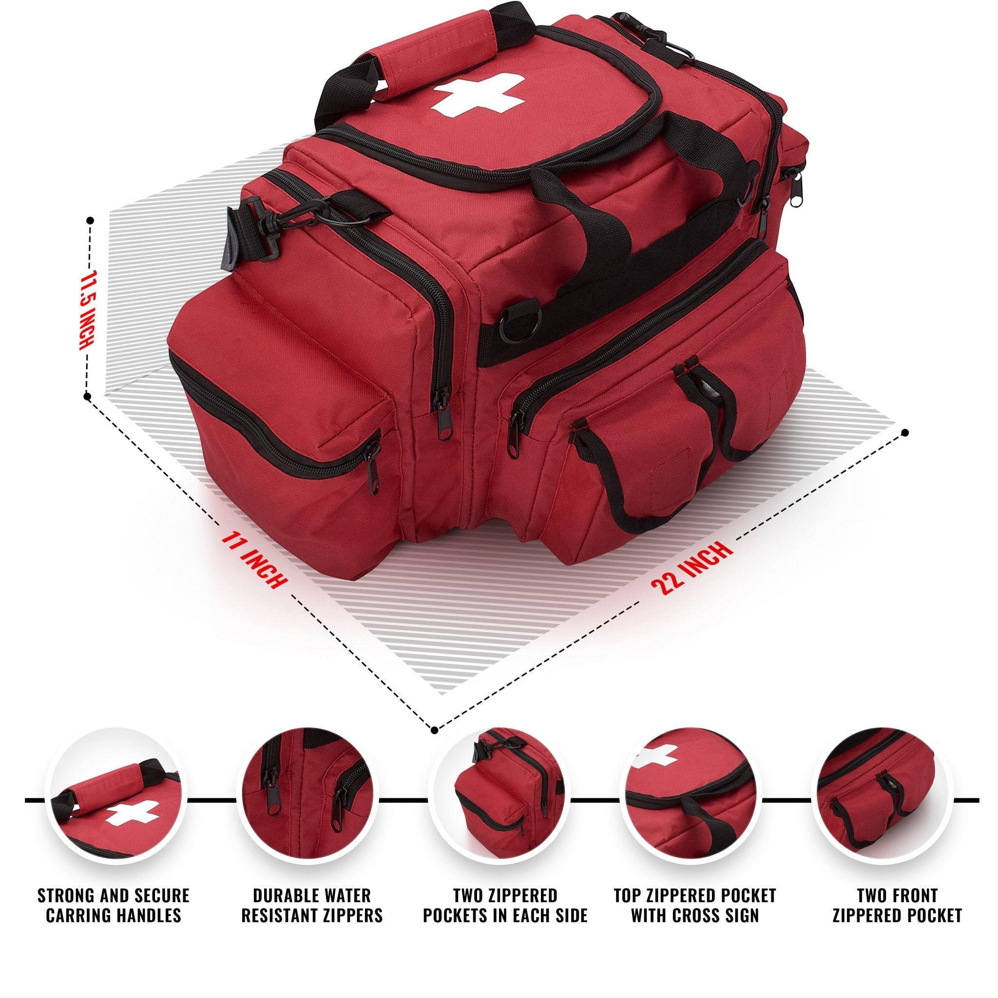 An infographic detailing the dimensions and features of the red medical bag. Dimensions are listed as 22 inches long, 11 inches wide, and 11.5 inches high. Five circular close-ups at the bottom highlight specific features with the following text: "STRONG AND SECURE CARRYING HANDLES," "DURABLE WATER RESISTANT ZIPPERS," "TWO ZIPPERED POCKETS IN EACH SIDE," "TOP ZIPPERED POCKET WITH CROSS SIGN," and "TWO FRONT ZIPPERED POCKET."