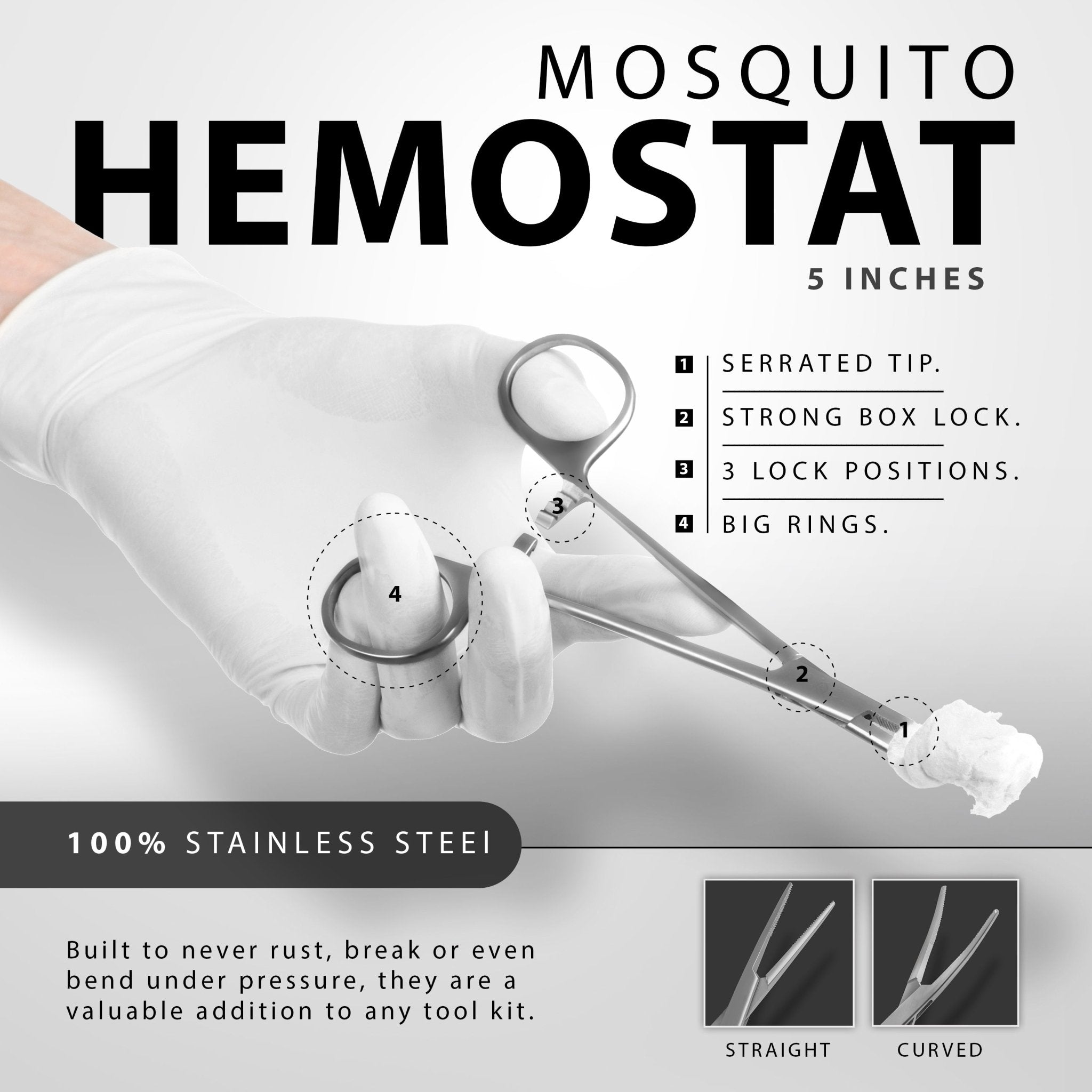 An infographic for a "MOSQUITO HEMOSTAT." It displays a gloved hand using the 5-inch stainless steel tool to clamp cotton. Key features listed include: "1. Serrated Tip," "2. Strong Box Lock," "3. 3 Lock Positions," and "4. Big Rings." Insets show both straight and curved tip options.