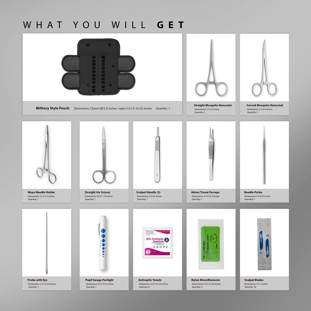 An inventory chart titled "WHAT YOU WILL GET" displaying each component of the 20-piece kit. It lists items like the military pouch, various hemostats, scissors, scalpel handle, forceps, probes, pen light, antiseptic towels, nylon monofilaments, and scalpel blades, along with their dimensions and quantities.