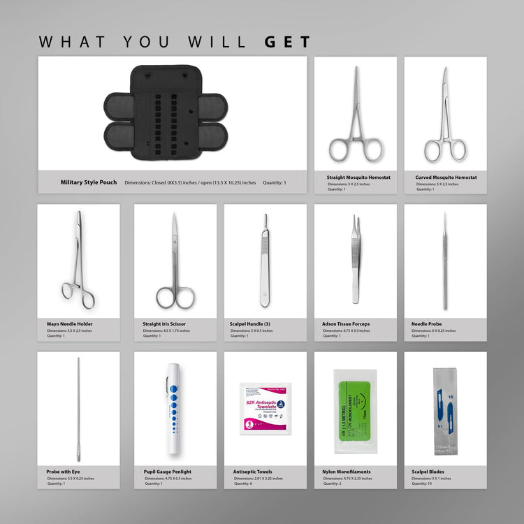 An inventory chart titled "WHAT YOU WILL GET" displaying each component of the 20-piece kit. It lists items like the military pouch, various hemostats, scissors, scalpel handle, forceps, probes, pen light, antiseptic towels, nylon monofilaments, and scalpel blades, along with their dimensions and quantities.