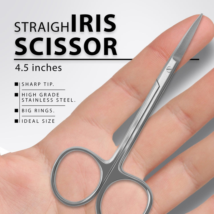 An infographic for a "STRAIGHT IRIS SCISSOR." A hand holds the 4.5-inch scissors against a plain background. Features listed are "Sharp tip," "High grade stainless steel," "Big rings," and "Ideal size."