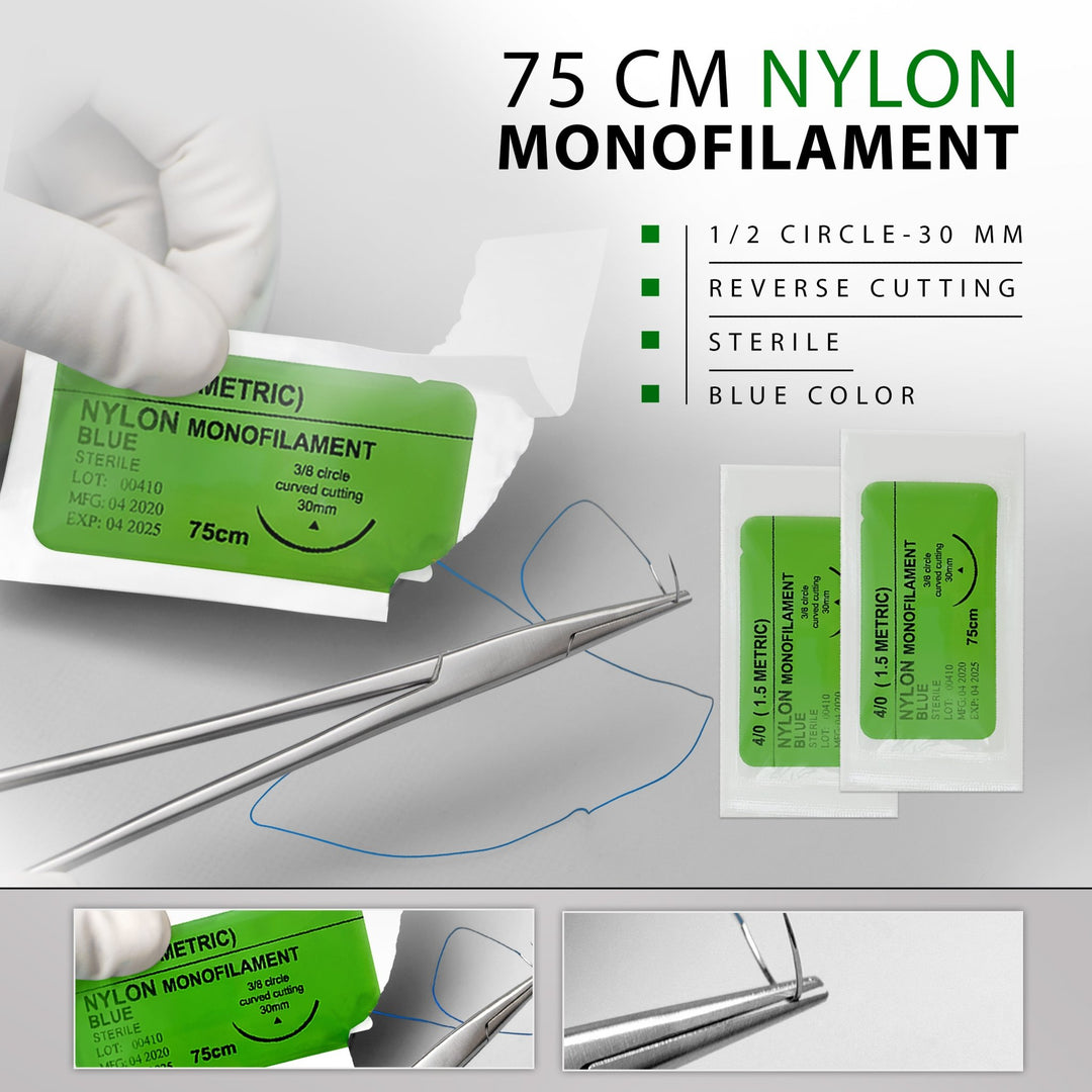 An infographic for "75 CM NYLON MONOFILAMENT" sutures. A gloved hand holds the green packaging. Text details include "1/2 Circle-30 mm," "Reverse Cutting," "Sterile," and "Blue Color." A needle driver holding the curved needle is shown in the foreground.