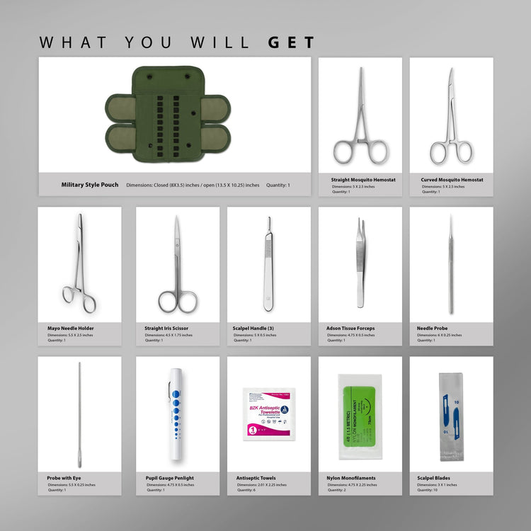 An inventory chart titled "WHAT YOU WILL GET" displaying each component of the 20-piece kit. It lists items like the military pouch, various hemostats, scissors, scalpel handle, forceps, probes, pen light, antiseptic towels, nylon monofilaments, and scalpel blades, along with their dimensions and quantities.