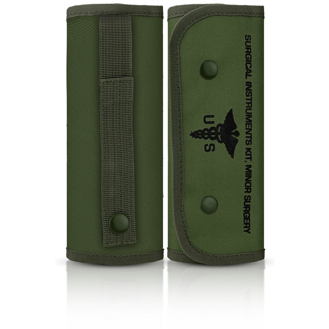 The exterior view of the closed green canvas surgical kit. The front is printed with "SURGICAL INSTRUMENTS KIT, MINOR SURGERY" next to a caduceus symbol and "U S". The back view shows a belt loop and snap closure.