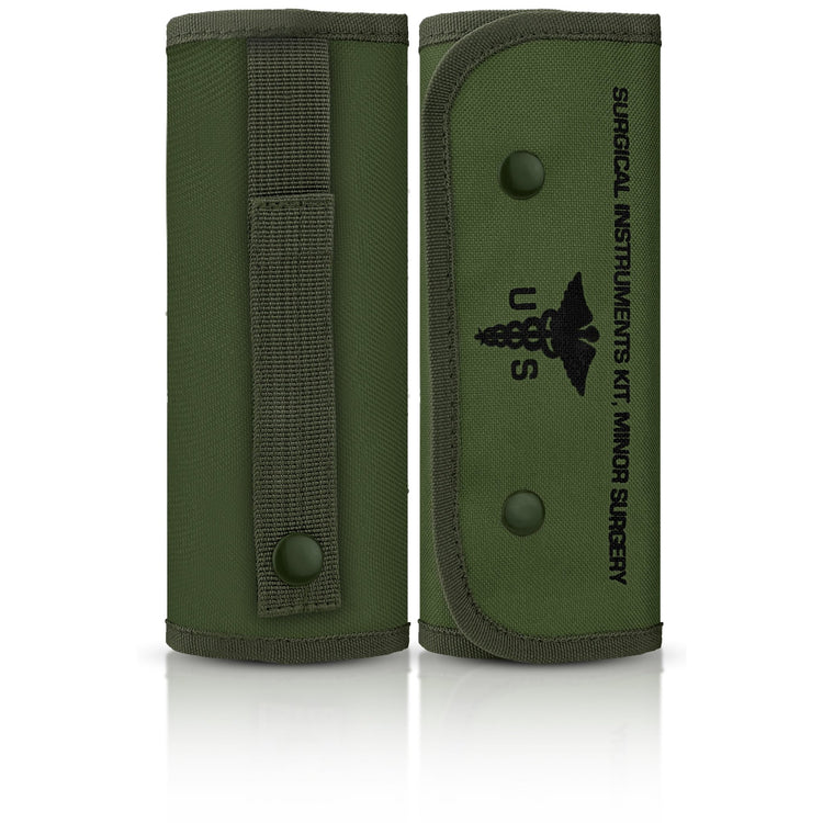 The exterior view of the closed green canvas surgical kit. The front is printed with "SURGICAL INSTRUMENTS KIT, MINOR SURGERY" next to a caduceus symbol and "U S". The back view shows a belt loop and snap closure.