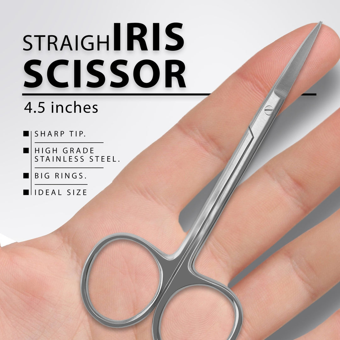 An infographic for a "STRAIGHT IRIS SCISSOR." A hand holds the 4.5-inch scissors against a plain background. Features listed are "Sharp tip," "High grade stainless steel," "Big rings," and "Ideal size."