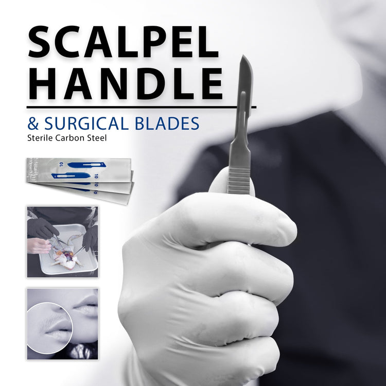 A product graphic for a "SCALPEL HANDLE & SURGICAL BLADES." A gloved hand holds a scalpel with a size 10 blade. The text notes "Sterile Carbon Steel." Inset images show the scalpel being used in a surgical setting and for dermaplaning.