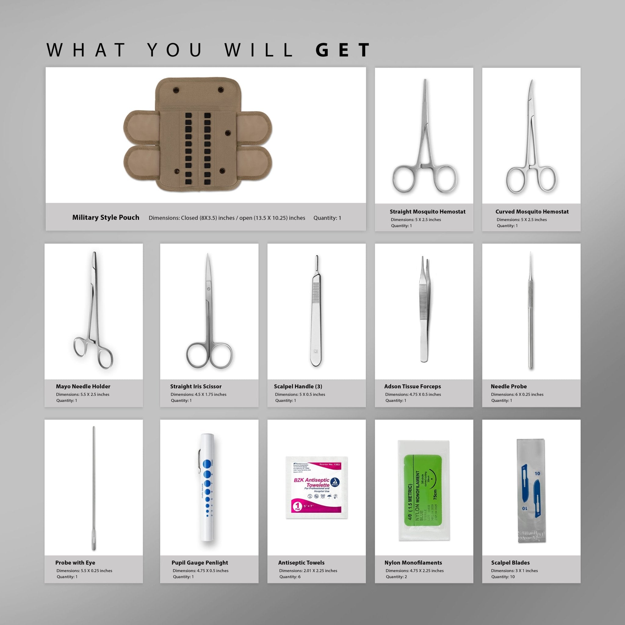 An inventory chart titled "WHAT YOU WILL GET" displaying each component of the 20-piece kit. It lists items like the military pouch, various hemostats, scissors, scalpel handle, forceps, probes, pen light, antiseptic towels, nylon monofilaments, and scalpel blades, along with their dimensions and quantities.