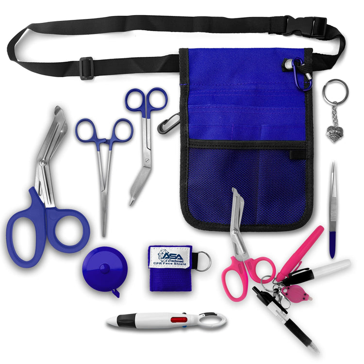 A top-down view displaying all items included in the kit laid out separately: the blue organizer pouch, adjustable black belt, large blue trauma shears, smaller bandage scissors, straight hemostats, blue tape measure, CPR face shield keychain, tweezers, a 4-color carabiner pen, permanent markers, and a rhinestone heart charm.