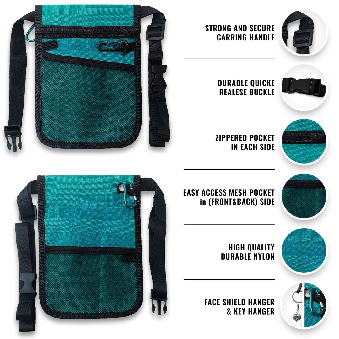 Front and back views of the turquoise nylon nurse organizer pouch. Features highlighted include a strong carrying handle, durable quick-release buckle, zippered pockets on each side, easy-access mesh pockets on the front and back, and a specific hanger for keys or a face shield.
