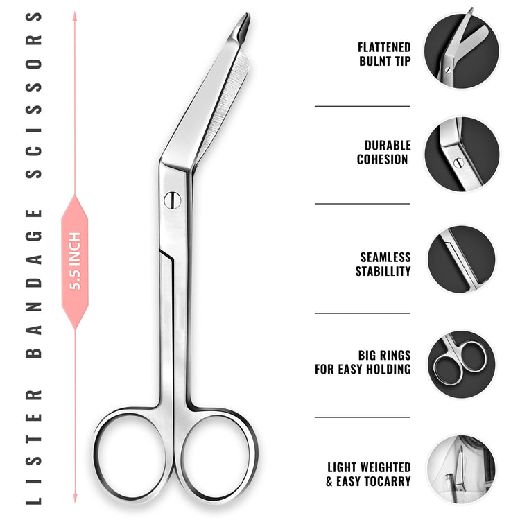 A diagram of 5.5-inch Lister bandage scissors. Text descriptions point out the flattened blunt tip for safety, durable cohesion, seamless stability, and large finger rings designed for easy handling.