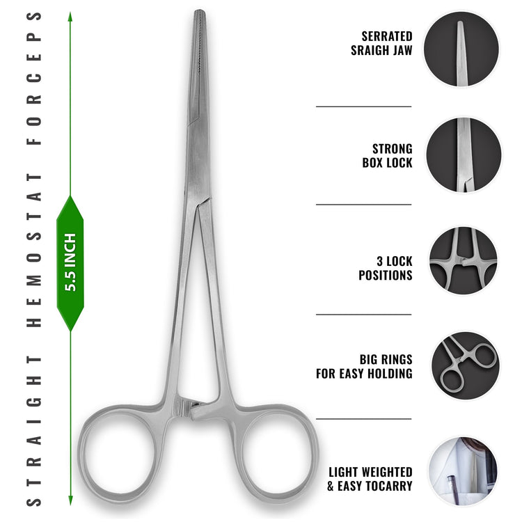 A diagram of 5.5-inch straight hemostat forceps made of stainless steel. Callouts highlight the serrated straight jaw, strong box lock, three-position locking mechanism, and large finger rings for easy holding and lightweight portability.
