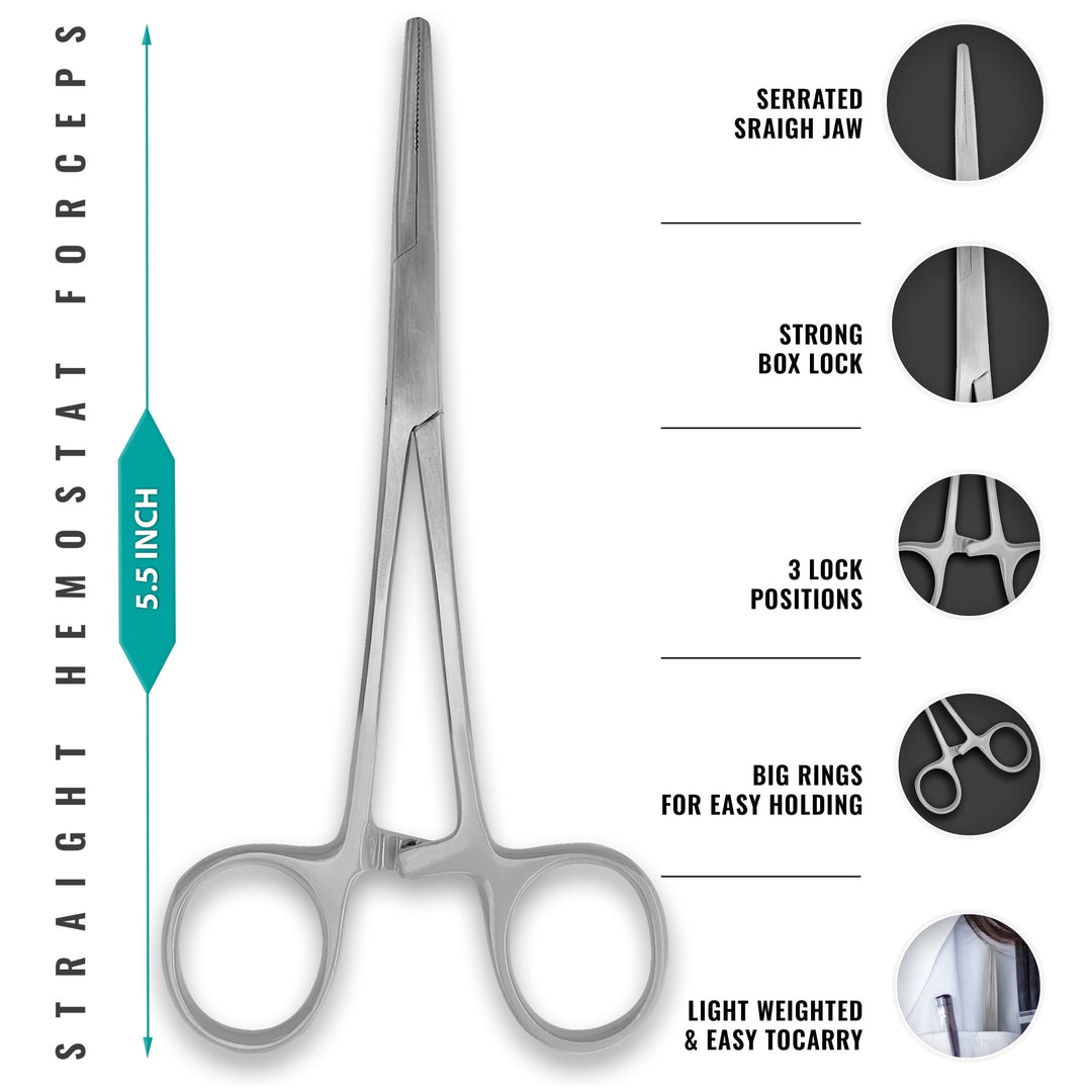 A diagram of 5.5-inch straight hemostat forceps made of stainless steel. Callouts highlight the serrated straight jaw, strong box lock, three-position locking mechanism, and large finger rings for easy holding and lightweight portability.