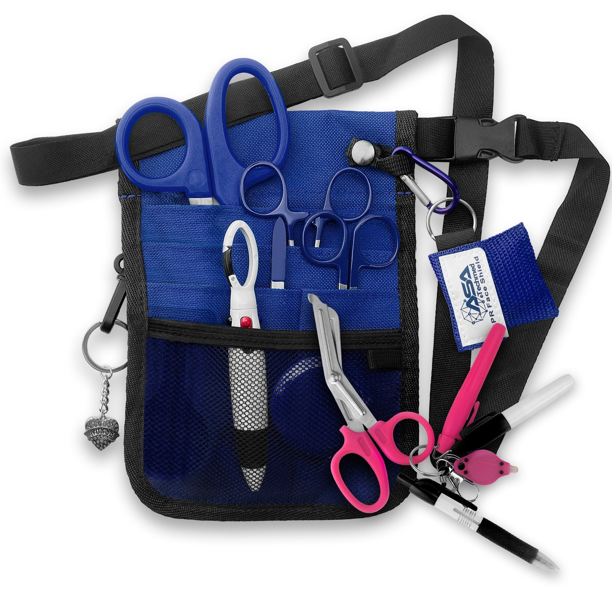 A fully assembled blue nursing organizer pouch attached to a black adjustable waist strap. The pouch is filled with medical supplies, including blue-handled trauma shears, hemostats, a CPR face shield keychain, a retractable tape measure, and various writing instruments. A decorative blue heart charm hangs from the side.