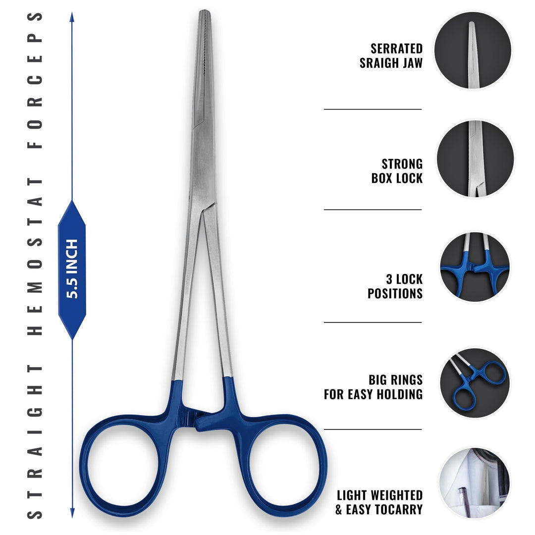 A diagram of 5.5-inch straight hemostat forceps made of stainless steel. Callouts highlight the serrated straight jaw, strong box lock, three-position locking mechanism, and large finger rings for easy holding and lightweight portability.
