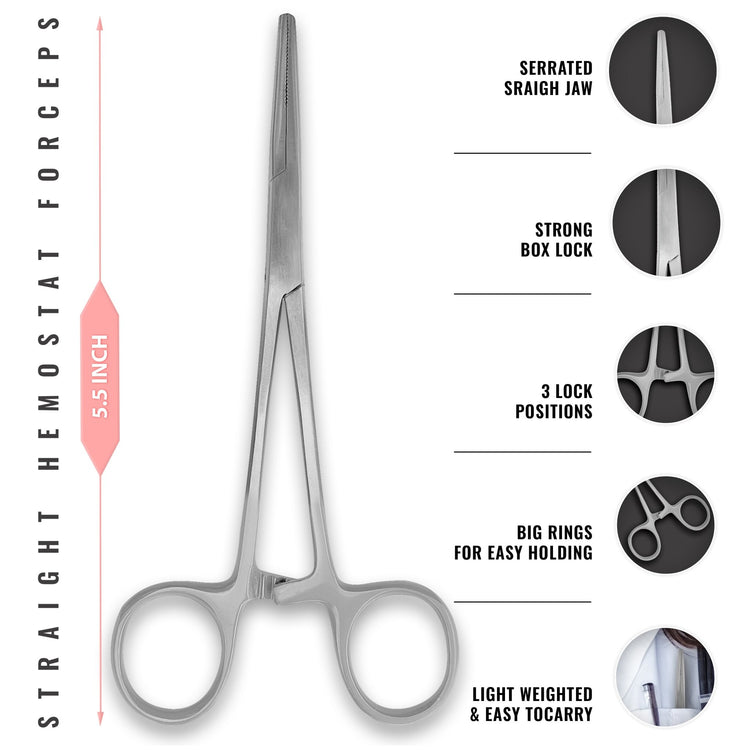 A diagram of 5.5-inch straight hemostat forceps made of stainless steel. Callouts highlight the serrated straight jaw, strong box lock, three-position locking mechanism, and large finger rings for easy holding and lightweight portability.