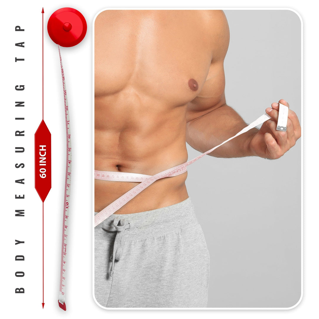 A red circular retractable body measuring tape shown next to a model measuring their waist. The graphic indicates the tape has a maximum length of 60 inches.