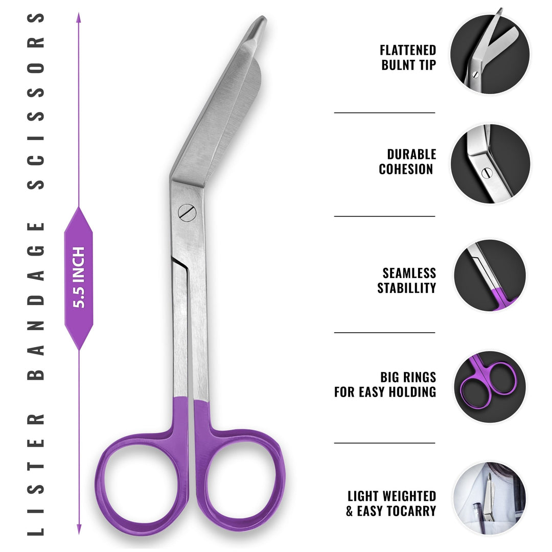 A diagram of 5.5-inch Lister bandage scissors. Text descriptions point out the flattened blunt tip for safety, durable cohesion, seamless stability, and large finger rings designed for easy handling.