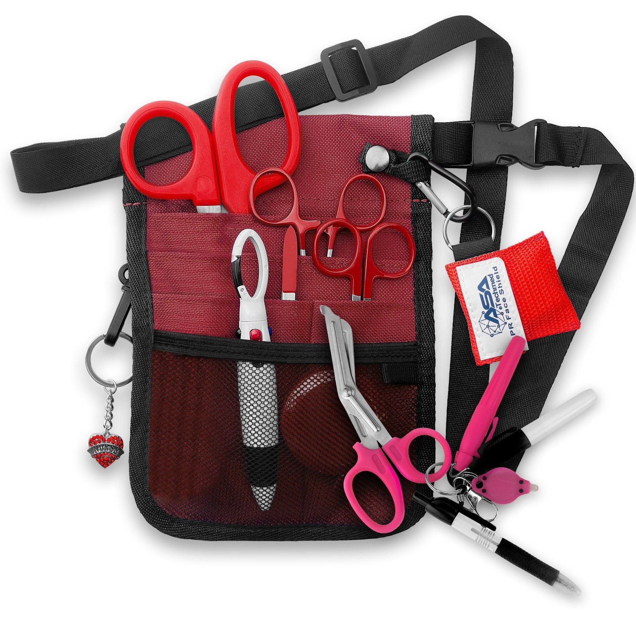 A fully assembled burgundy nursing organizer pouch attached to a black adjustable waist strap. The pouch is filled with medical supplies, including burgundy-handled trauma shears, hemostats, a CPR face shield keychain, a retractable tape measure, and various writing instruments. A decorative burgundy heart charm hangs from the side.