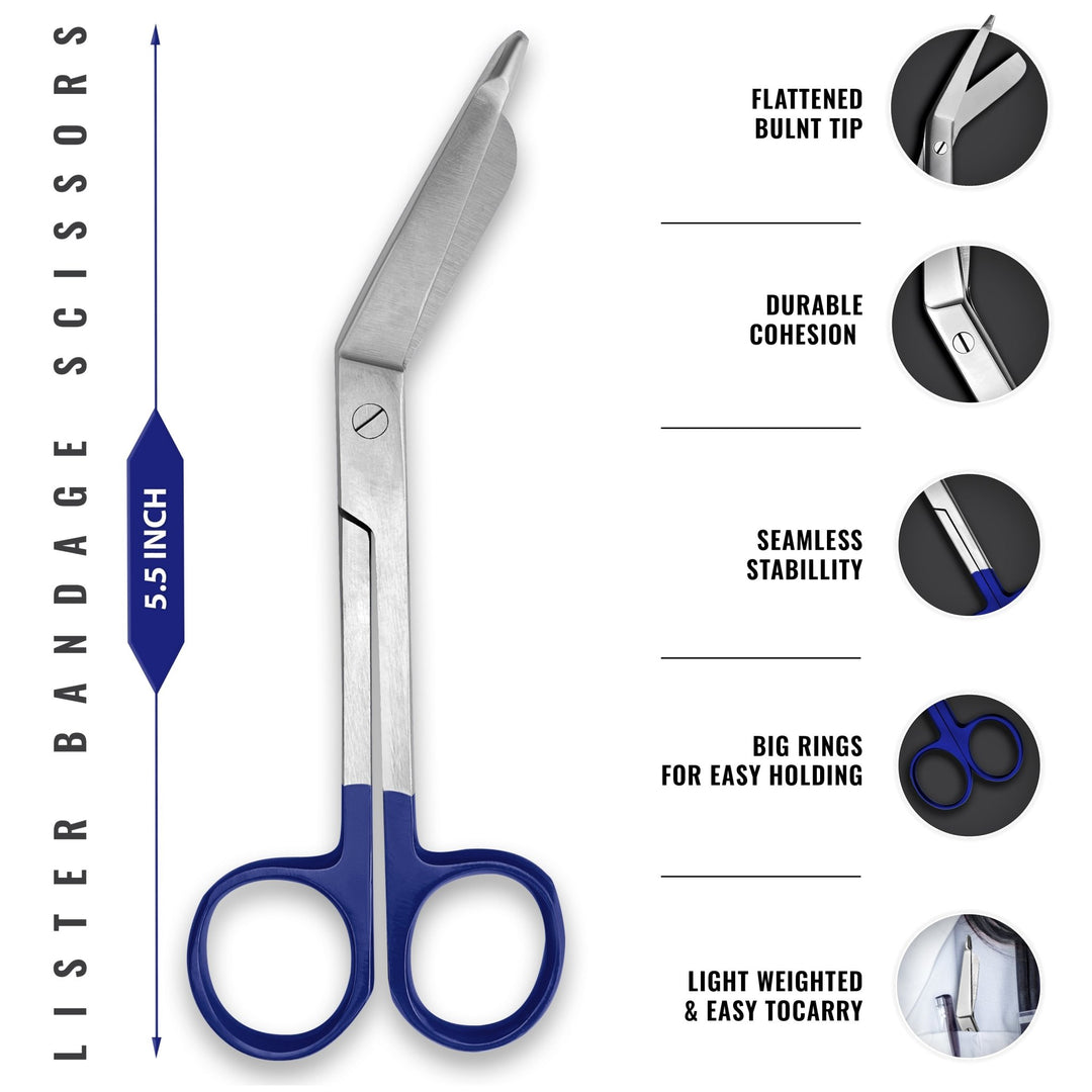 A diagram of 5.5-inch Lister bandage scissors. Text descriptions point out the flattened blunt tip for safety, durable cohesion, seamless stability, and large finger rings designed for easy handling.