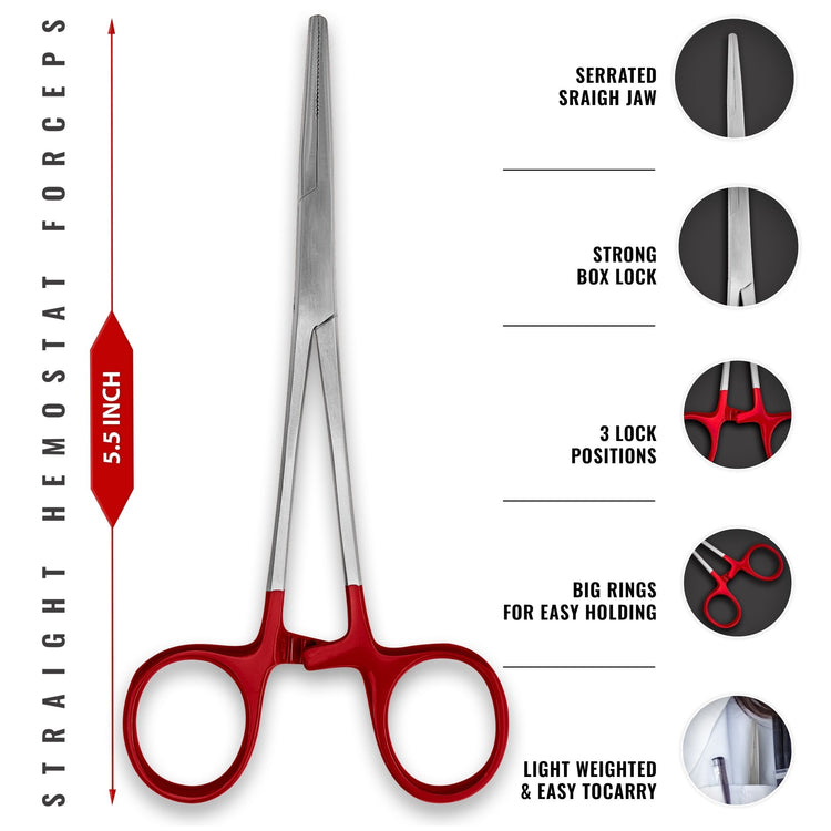 A diagram of 5.5-inch straight hemostat forceps made of stainless steel. Callouts highlight the serrated straight jaw, strong box lock, three-position locking mechanism, and large finger rings for easy holding and lightweight portability.