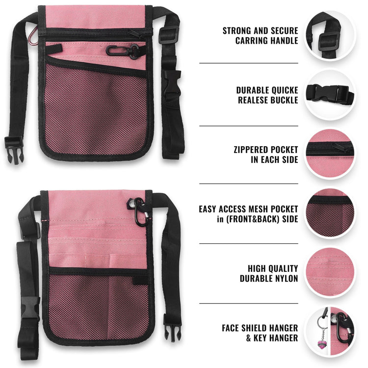 Front and back views of the pink nylon nurse organizer pouch. Features highlighted include a strong carrying handle, durable quick-release buckle, zippered pockets on each side, easy-access mesh pockets on the front and back, and a specific hanger for keys or a face shield.
